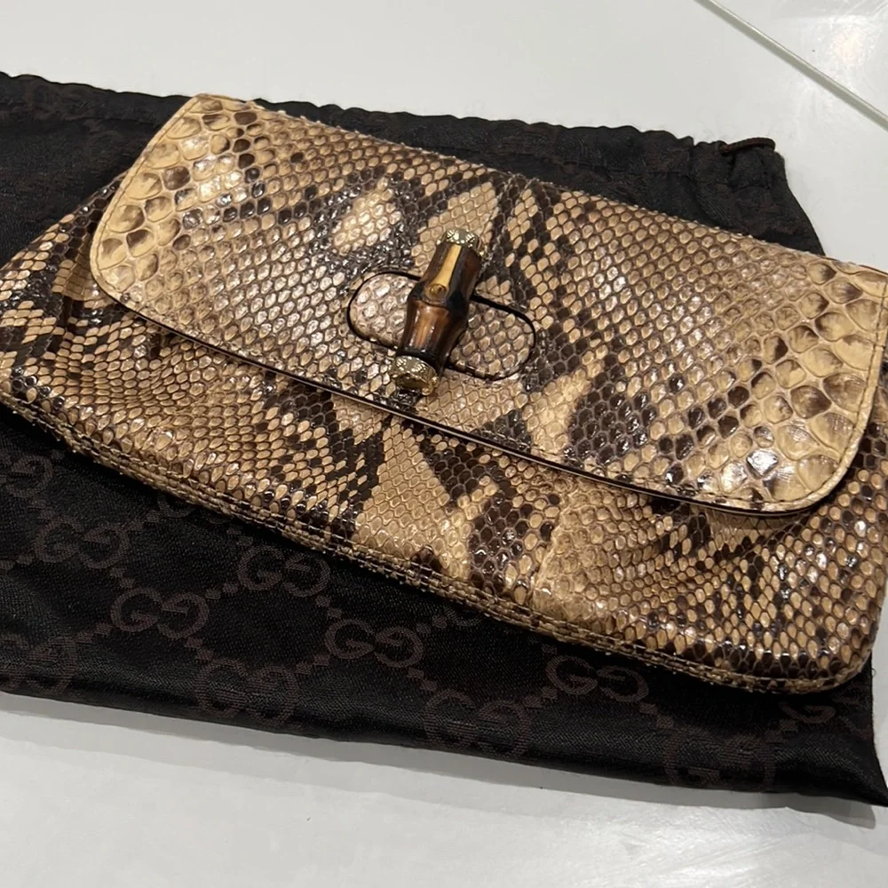 Vintage Gucci brown/beige Python bamboo clutch bag - Picture 2 of 14